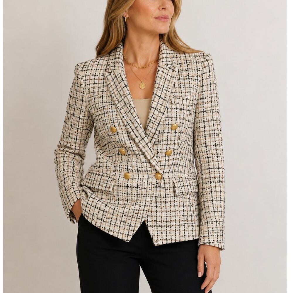 L’Agence Kenzie Tweed Double Breasted Blazer Ivory Gold Buttons Size 8